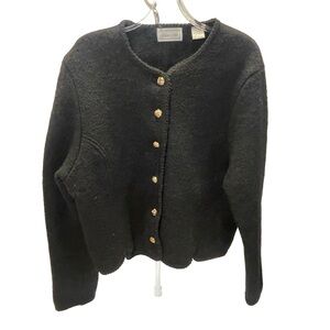 Laura Jean Black 100% Wool Black Cardigan Sweater with Gold Buttons Size 11/12 M
